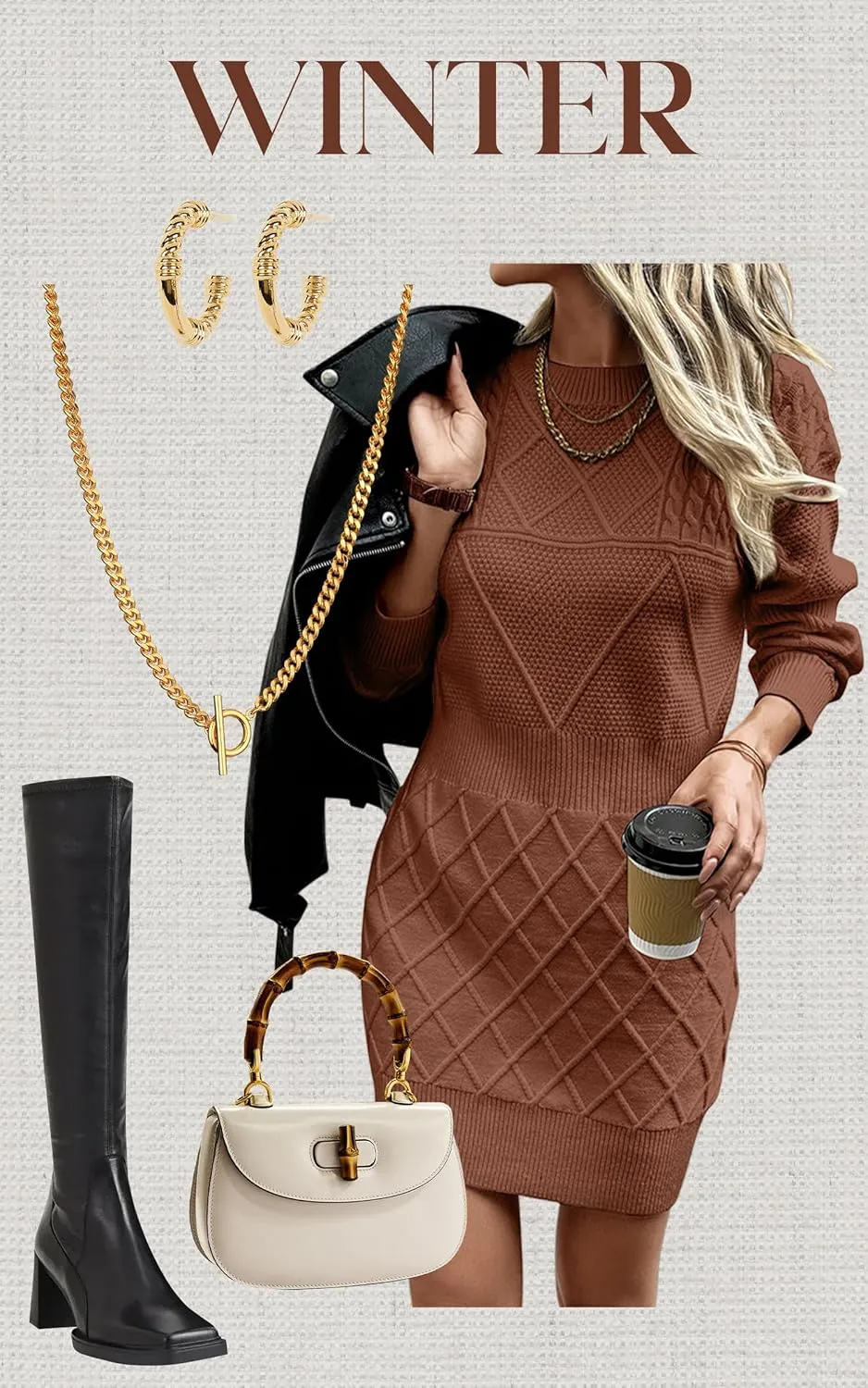 Angashion Sweater Dress for Women - 2025 Fall Winter Long Sleeve Crewneck Slim Fit Diamond Knit Casual Mini Pullover Top