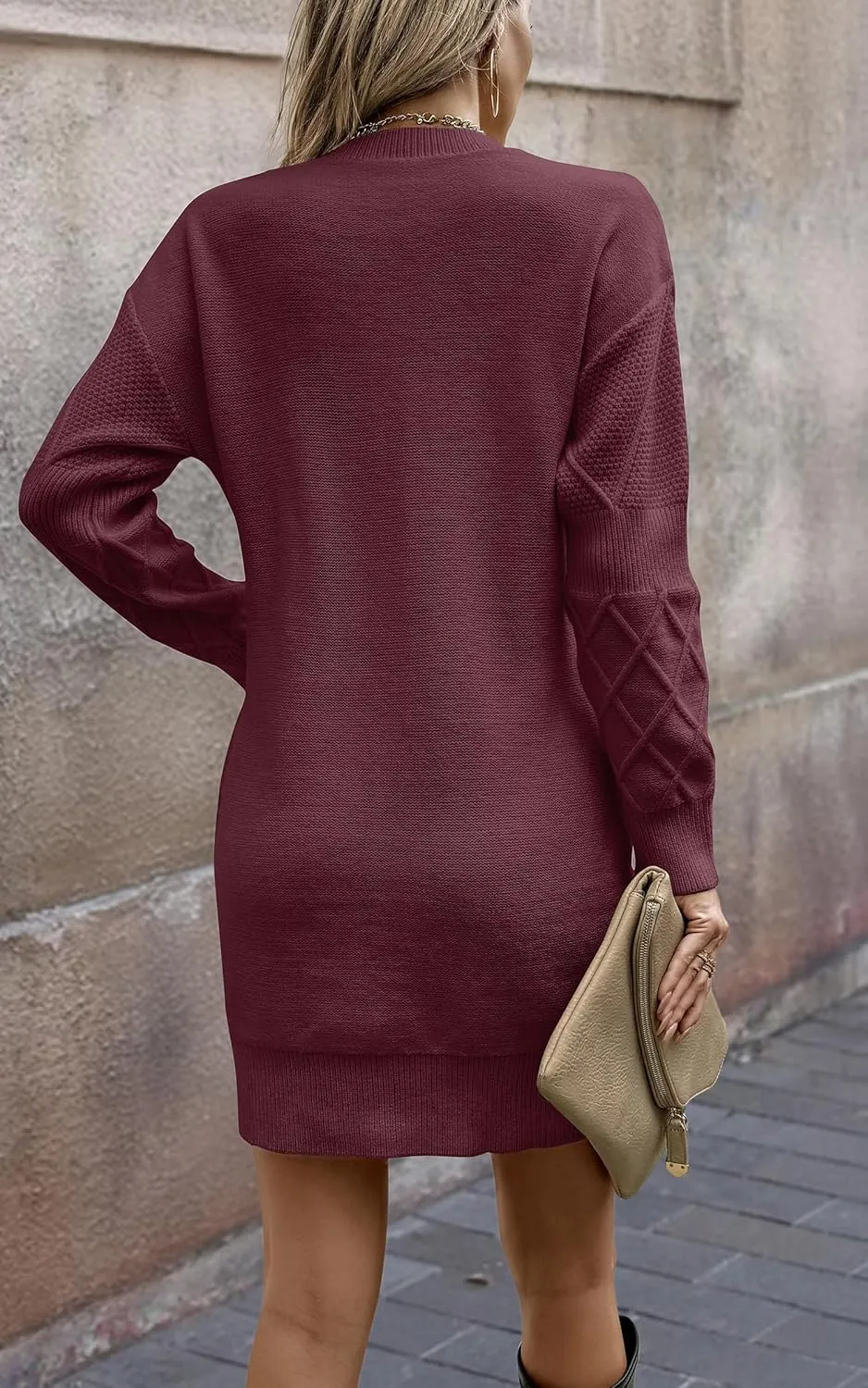 Angashion Sweater Dress for Women - 2025 Fall Winter Long Sleeve Crewneck Slim Fit Diamond Knit Casual Mini Pullover Top