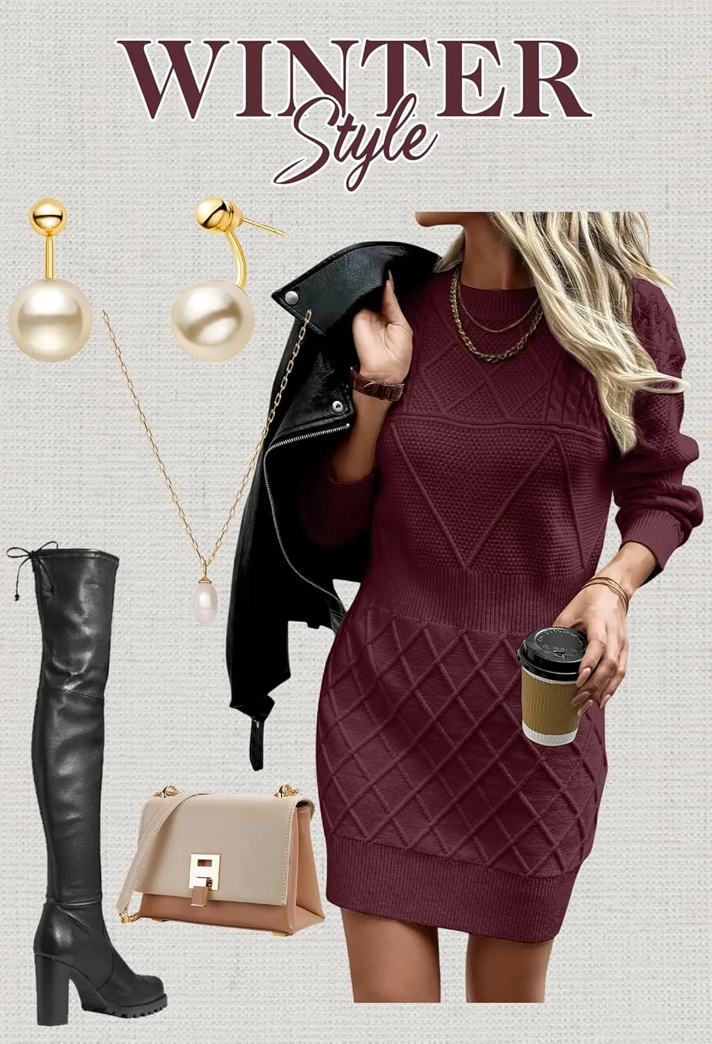Angashion Sweater Dress for Women - 2025 Fall Winter Long Sleeve Crewneck Slim Fit Diamond Knit Casual Mini Pullover Top