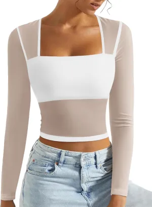 Avidlove Women's Mesh Top Long Sleeve Square Neck Sheer Blouse See Through Party Club Tops with Lining