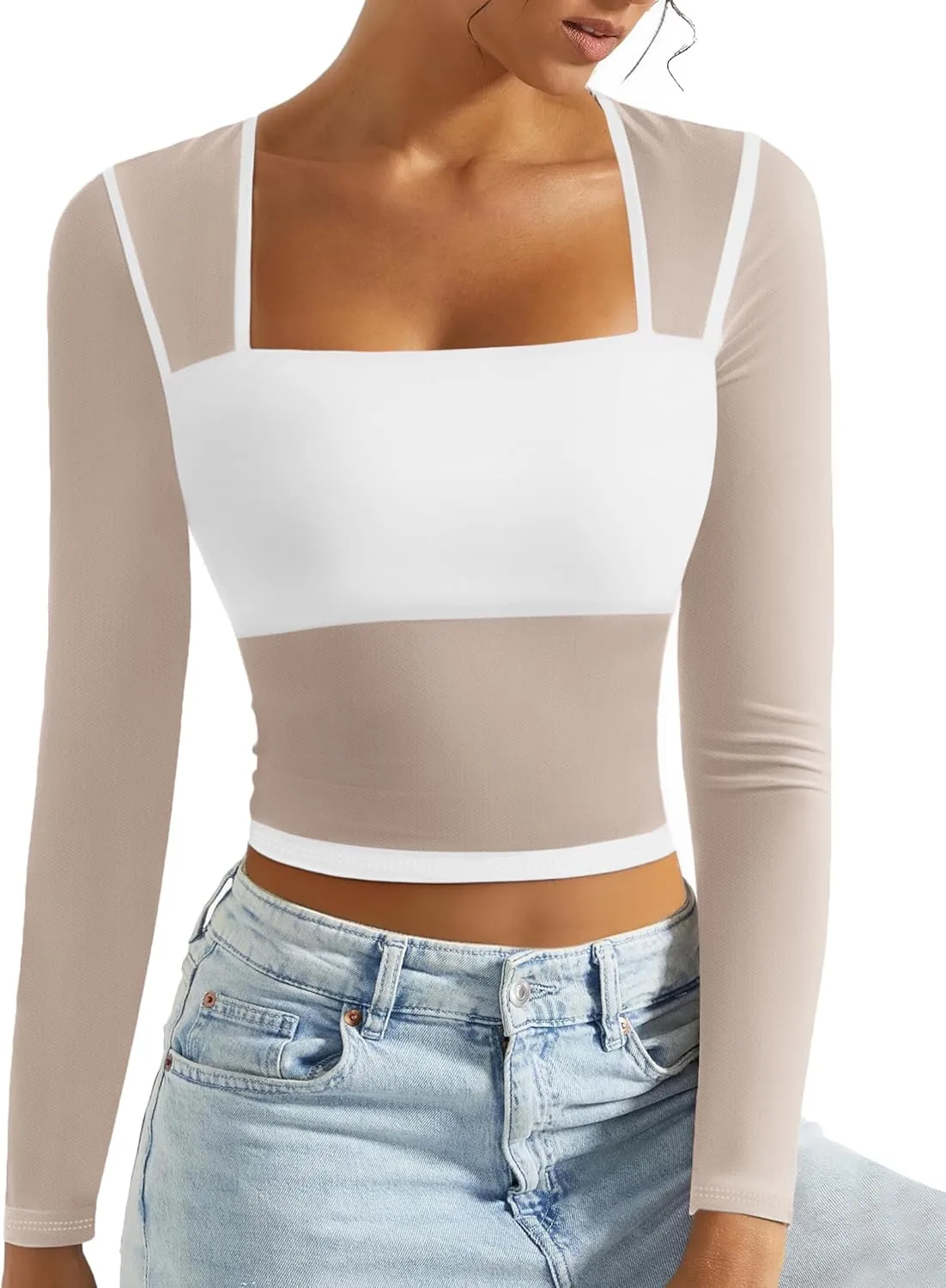 Avidlove Women's Mesh Top Long Sleeve Square Neck Sheer Blouse See Through Party Club Tops with Lining