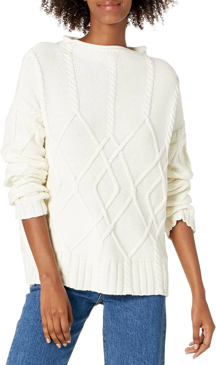 Cable Stitch Women's Mock Neck Braided Cable Sweater - Soft Long Sleeve Solid Color Textured Loose Pullover Knit Top