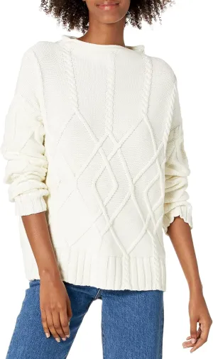 Cable Stitch Women's Mock Neck Braided Cable Sweater - Soft Long Sleeve Solid Color Textured Loose Pullover Knit Top