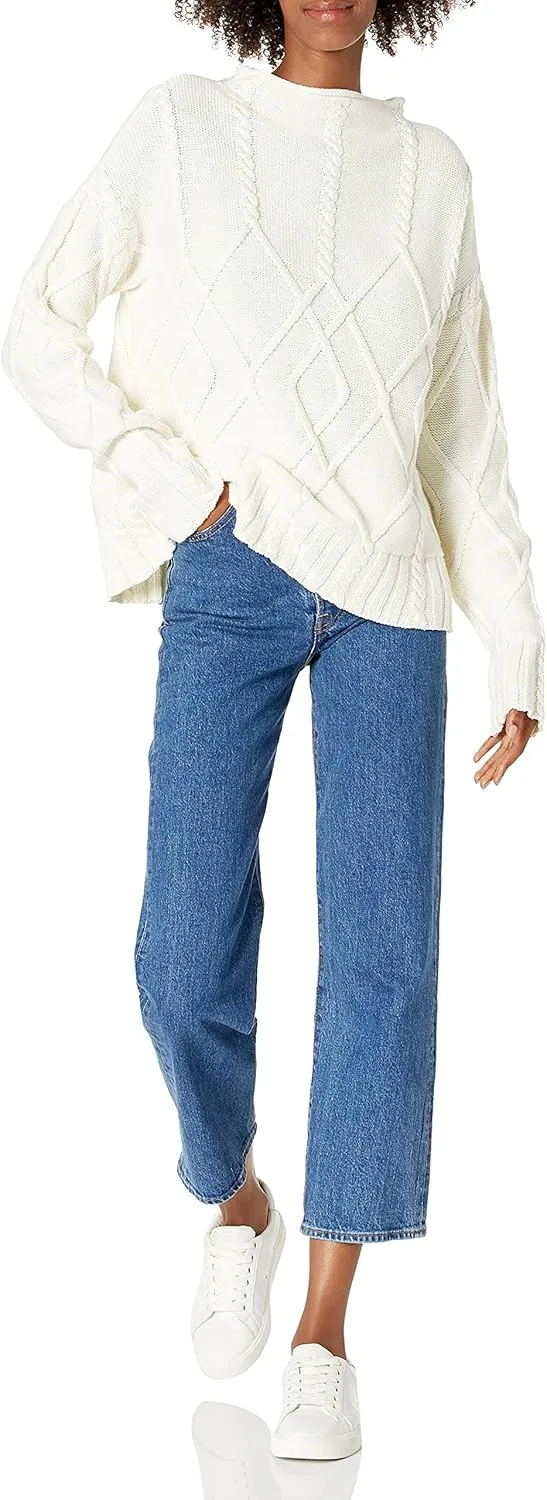Cable Stitch Women's Mock Neck Braided Cable Sweater - Soft Long Sleeve Solid Color Textured Loose Pullover Knit Top