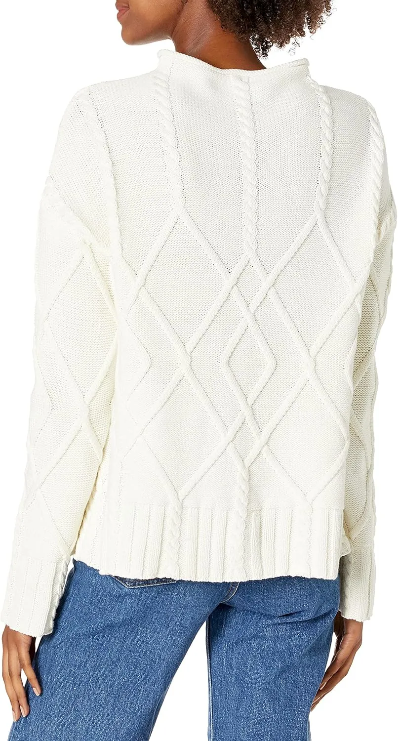 Cable Stitch Women's Mock Neck Braided Cable Sweater - Soft Long Sleeve Solid Color Textured Loose Pullover Knit Top