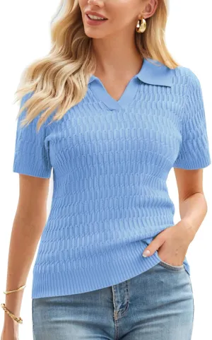 GRACE KARIN Womens 2025 Summer Short Sleeve Sweater V-Neck Collared Pullover Sweater Tops Lightweight Knit Polo Shirt