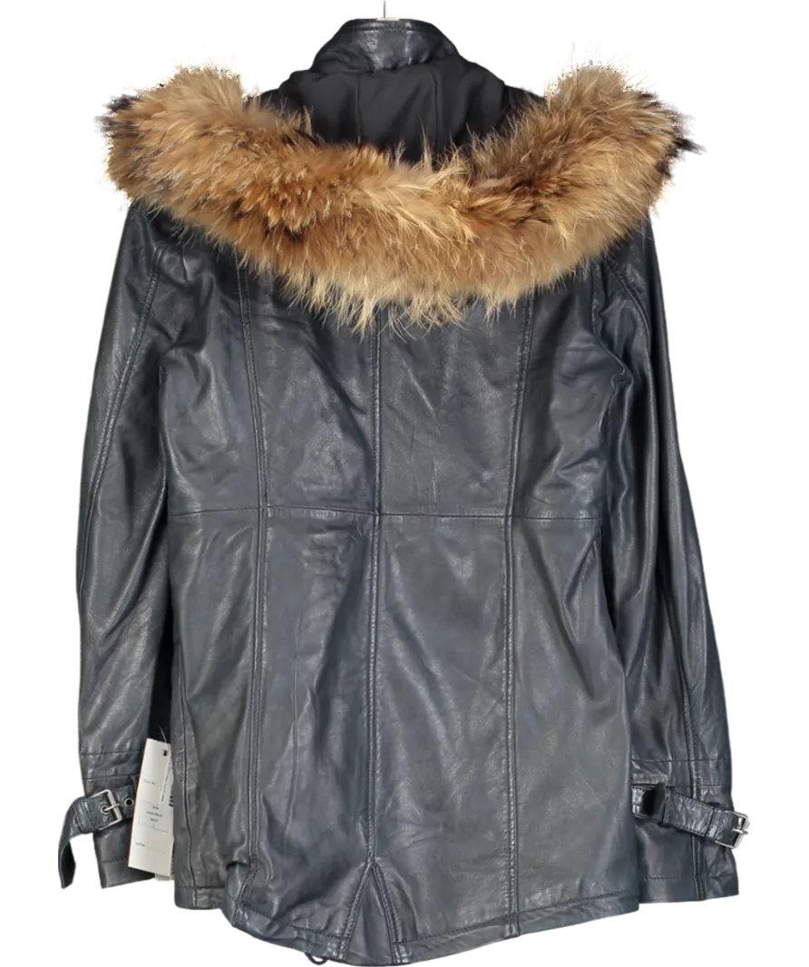 Infinity Leather Blue Warm Leather Hooded Parka Jacket UK S