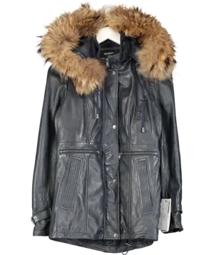 Infinity Leather Blue Warm Leather Hooded Parka Jacket UK S