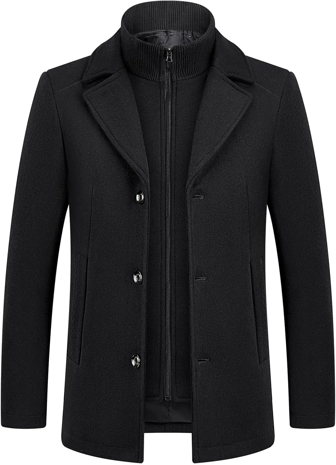 Lamgool Men's Winter Wool Coat with Removable Padded Vest 2-in-1 Winter Warm Casual Peacoat