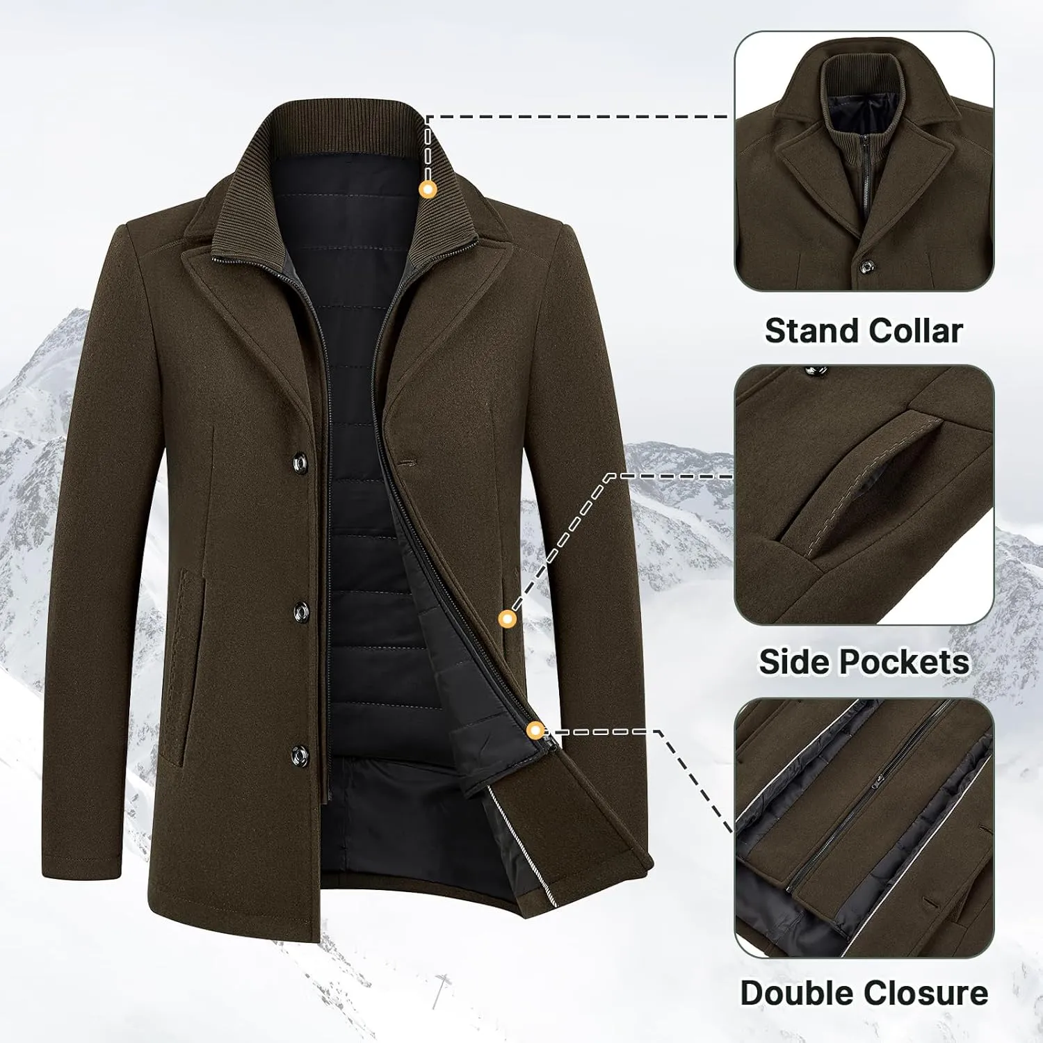 Lamgool Men's Winter Wool Coat with Removable Padded Vest 2-in-1 Winter Warm Casual Peacoat
