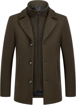 Lamgool Men's Winter Wool Coat with Removable Padded Vest 2-in-1 Winter Warm Casual Peacoat
