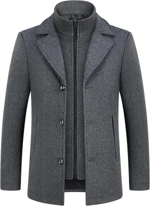 Lamgool Men's Winter Wool Coat with Removable Padded Vest 2-in-1 Winter Warm Casual Peacoat
