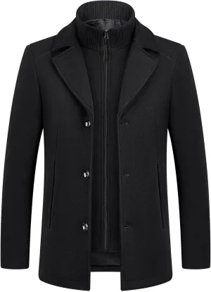 Lamgool Men's Winter Wool Coat with Removable Padded Vest 2-in-1 Winter Warm Casual Peacoat