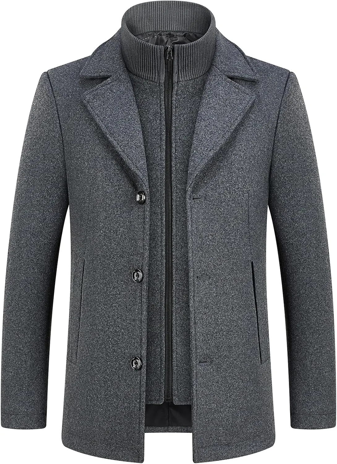 Lamgool Men's Winter Wool Coat with Removable Padded Vest 2-in-1 Winter Warm Casual Peacoat