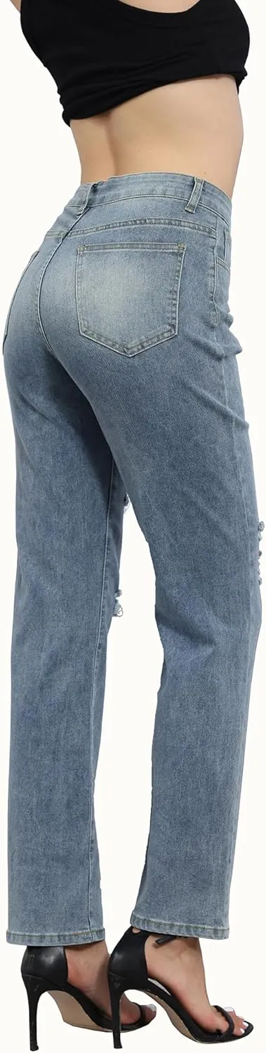 SheKiss 2025 Womens High Waist Denim Jeans Shaping Legs Distressed Boot Cut Ripped Trendy Cropped Cargo Skinny Stretch Pants