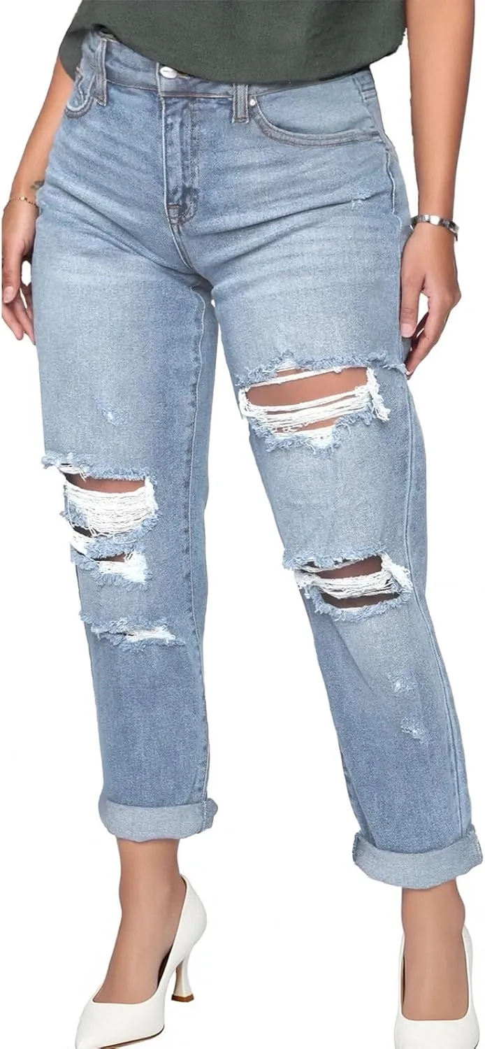 SheKiss 2025 Womens High Waist Denim Jeans Shaping Legs Distressed Boot Cut Ripped Trendy Cropped Cargo Skinny Stretch Pants