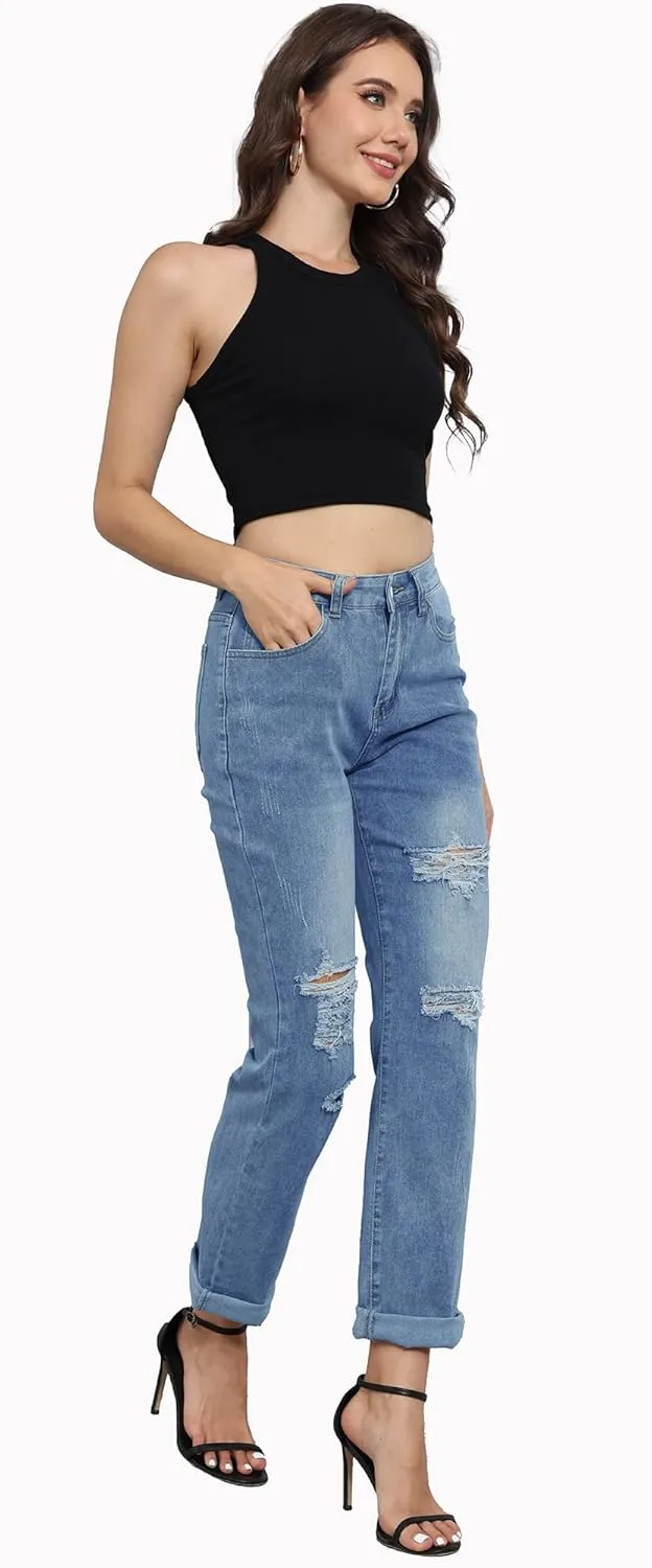 SheKiss 2025 Womens High Waist Denim Jeans Shaping Legs Distressed Boot Cut Ripped Trendy Cropped Cargo Skinny Stretch Pants