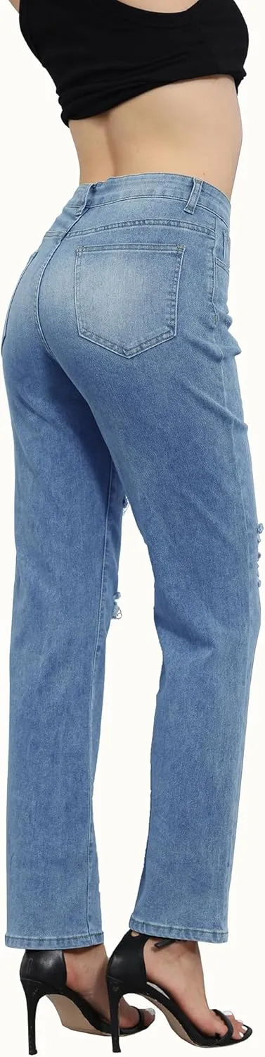 SheKiss 2025 Womens High Waist Denim Jeans Shaping Legs Distressed Boot Cut Ripped Trendy Cropped Cargo Skinny Stretch Pants