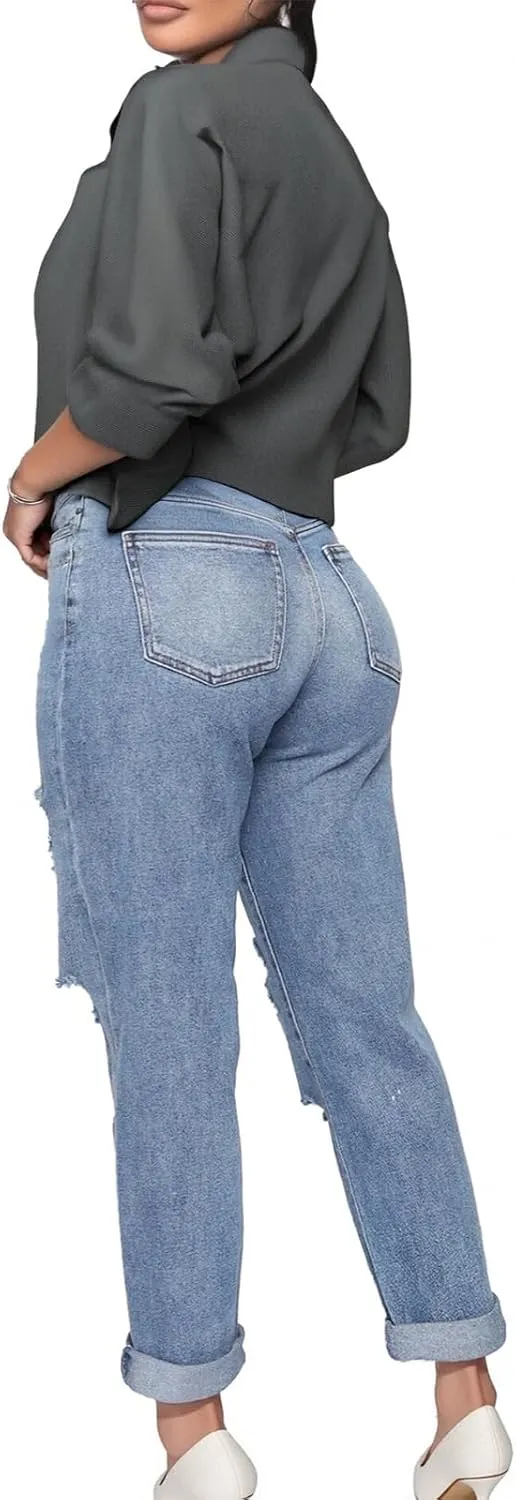 SheKiss 2025 Womens High Waist Denim Jeans Shaping Legs Distressed Boot Cut Ripped Trendy Cropped Cargo Skinny Stretch Pants