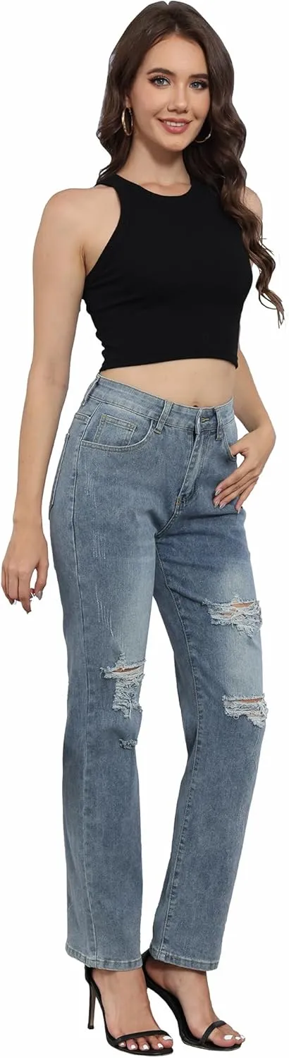 SheKiss 2025 Womens High Waist Denim Jeans Shaping Legs Distressed Boot Cut Ripped Trendy Cropped Cargo Skinny Stretch Pants