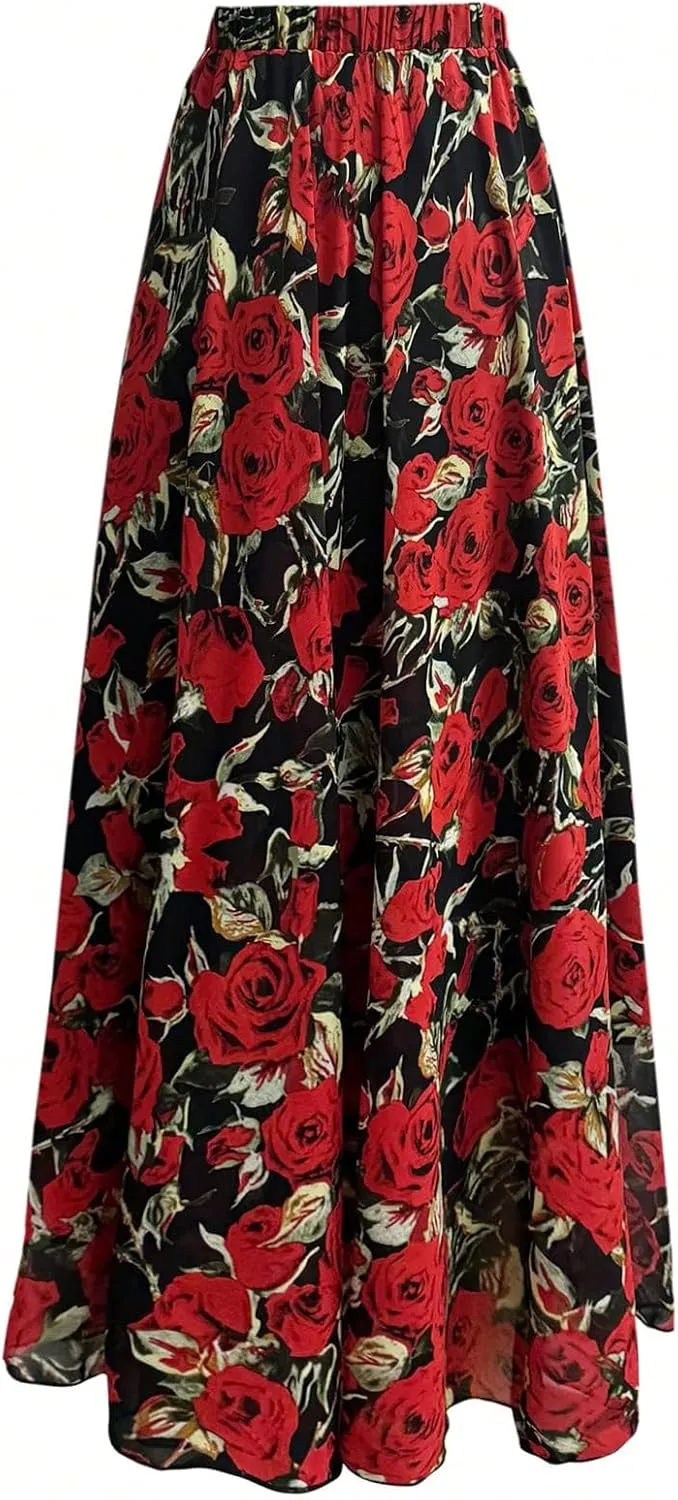 Verdusa Women's Leopard Print Skirt Y2k Goth High Waist Ruffled Pleated Flowy Long Skirts