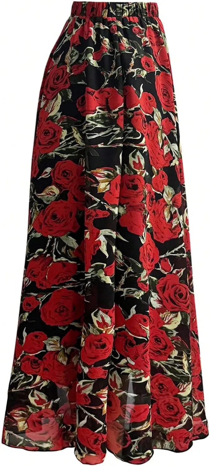 Verdusa Women's Leopard Print Skirt Y2k Goth High Waist Ruffled Pleated Flowy Long Skirts