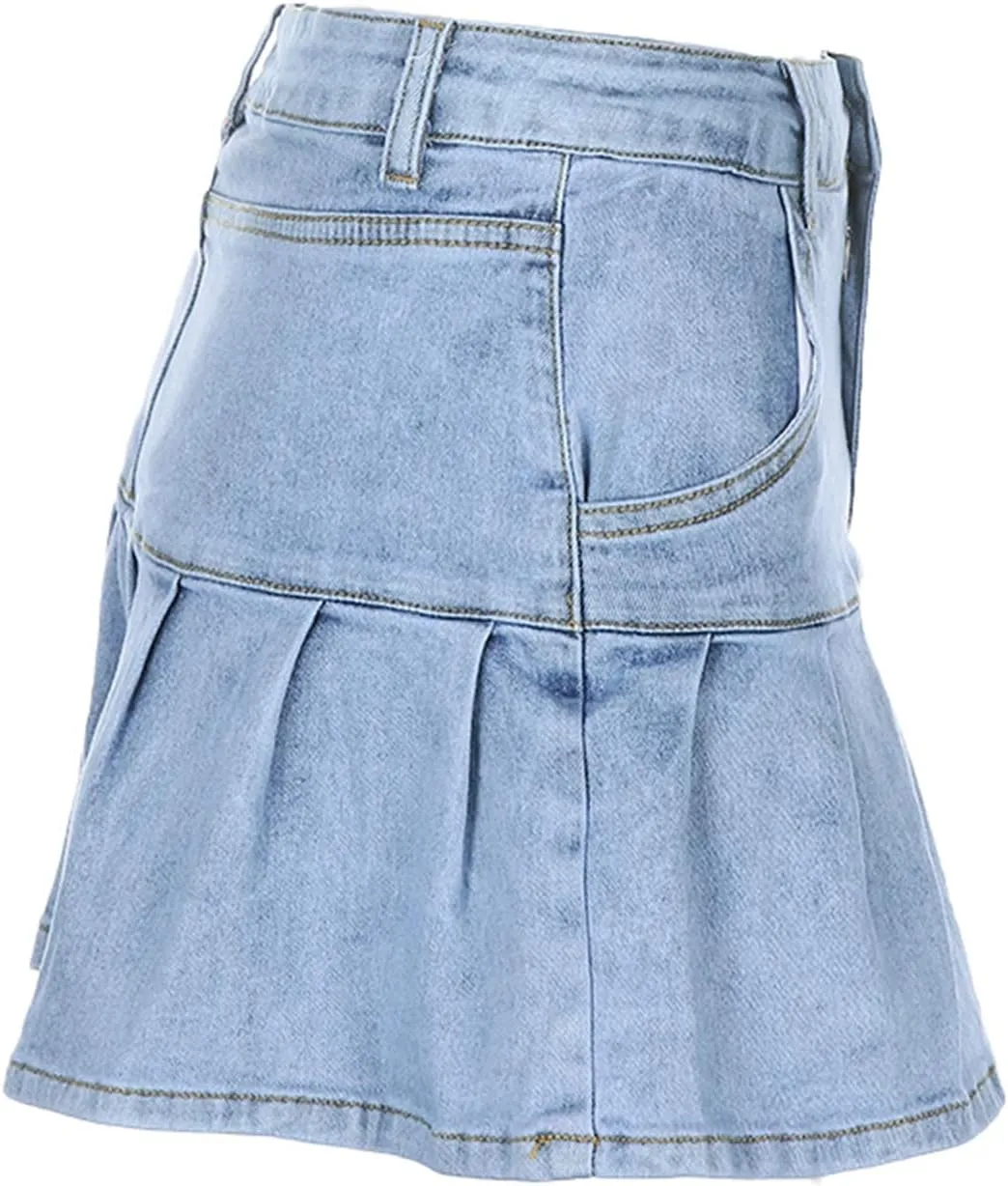 Women's High Waisted Jean Skirt Casual Mini Flared Skater Denim Skirt with Shorts
