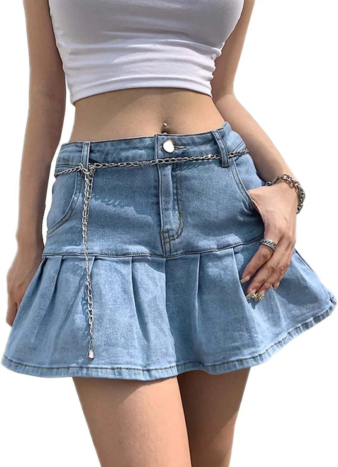 Women's High Waisted Jean Skirt Casual Mini Flared Skater Denim Skirt with Shorts