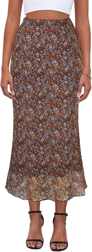 Women's Y2k Mesh Midi Skirt Elastic High Waisted Floral Print Bodycon Mermaid Long Skirts for Women