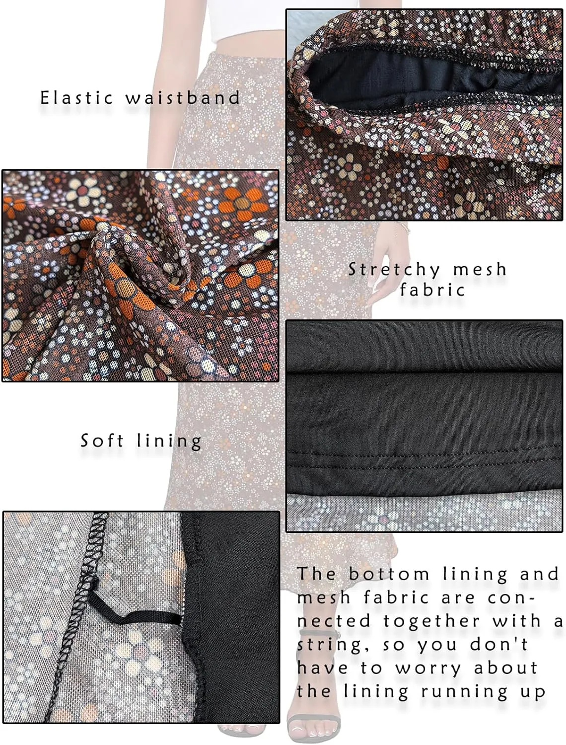 Women's Y2k Mesh Midi Skirt Elastic High Waisted Floral Print Bodycon Mermaid Long Skirts for Women