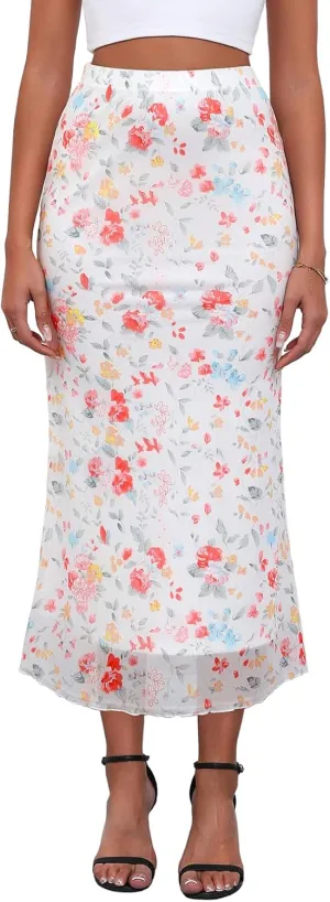 Women's Y2k Mesh Midi Skirt Elastic High Waisted Floral Print Bodycon Mermaid Long Skirts for Women