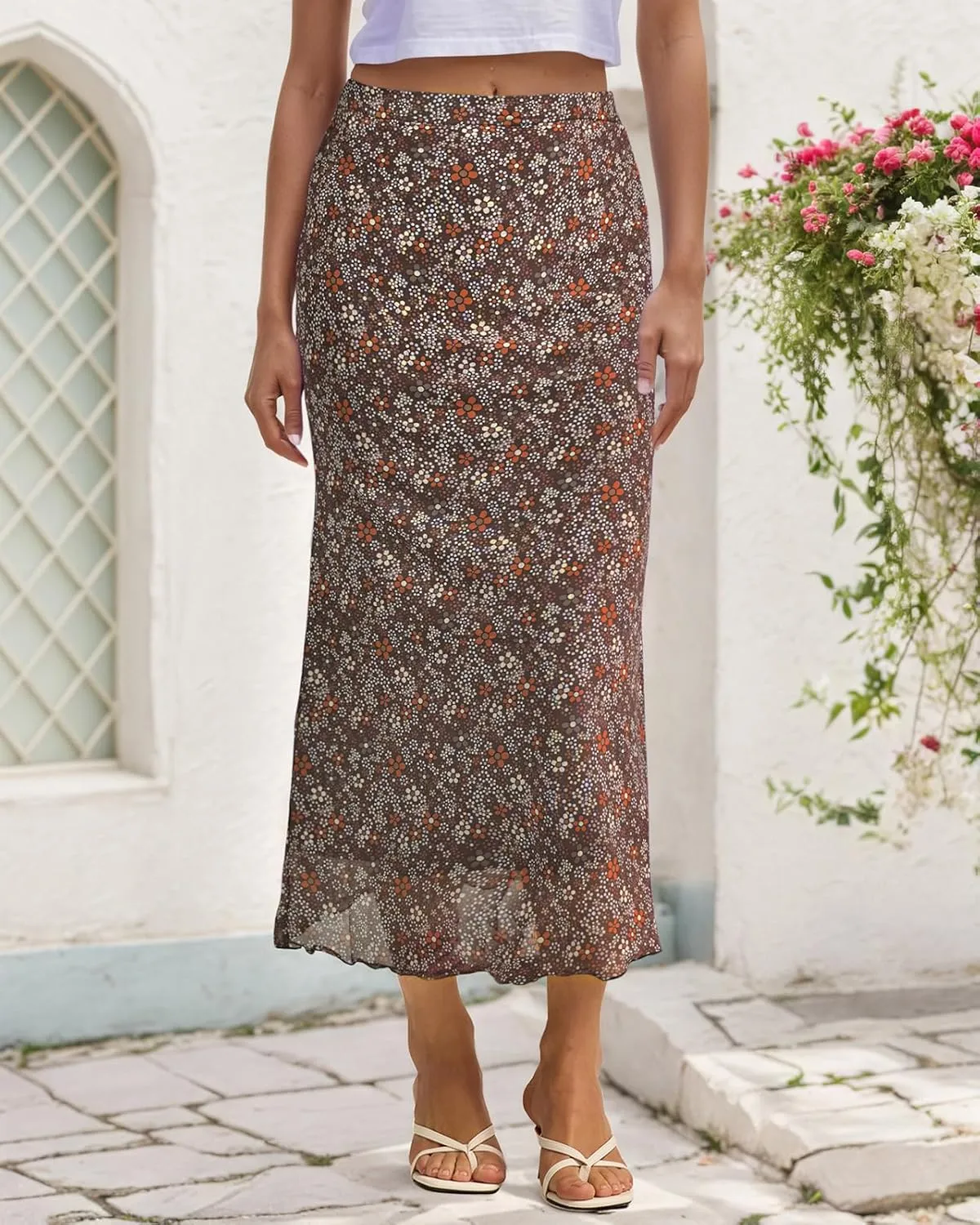 Women's Y2k Mesh Midi Skirt Elastic High Waisted Floral Print Bodycon Mermaid Long Skirts for Women