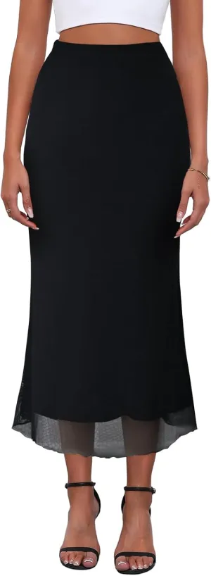 Women's Y2k Mesh Midi Skirt Elastic High Waisted Floral Print Bodycon Mermaid Long Skirts for Women