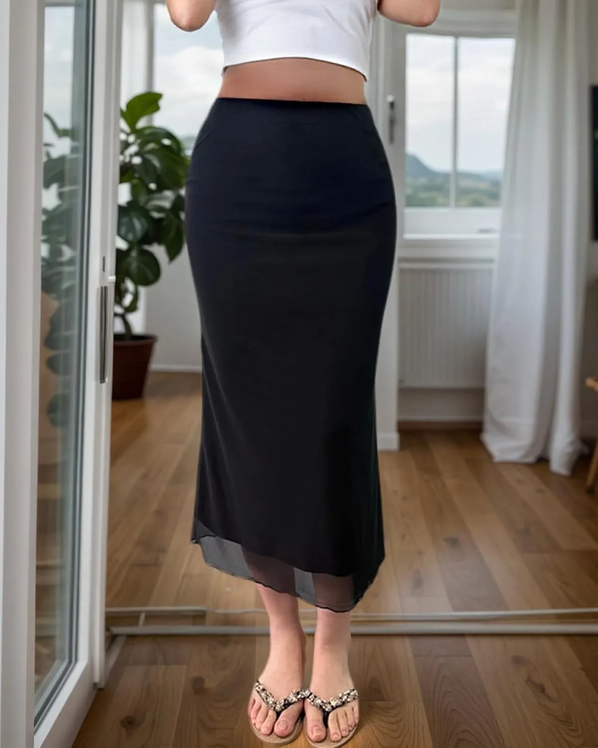 Women's Y2k Mesh Midi Skirt Elastic High Waisted Floral Print Bodycon Mermaid Long Skirts for Women