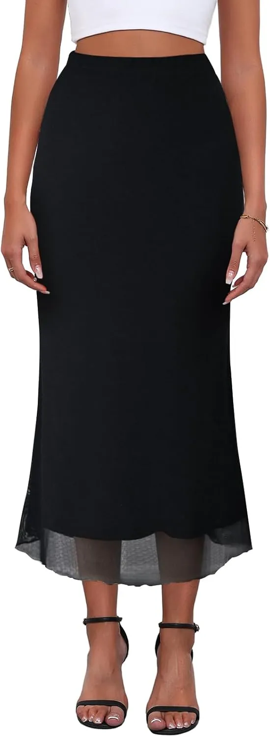 Women's Y2k Mesh Midi Skirt Elastic High Waisted Floral Print Bodycon Mermaid Long Skirts for Women